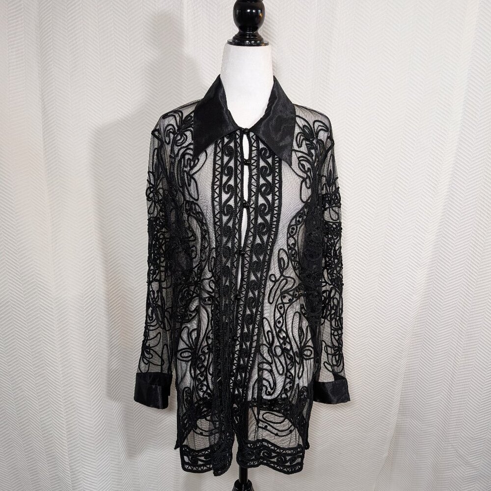 Melanie Lyne Black Sheer Embroidered Beaded Long Sleeve Blouse Medium Artsy NWT